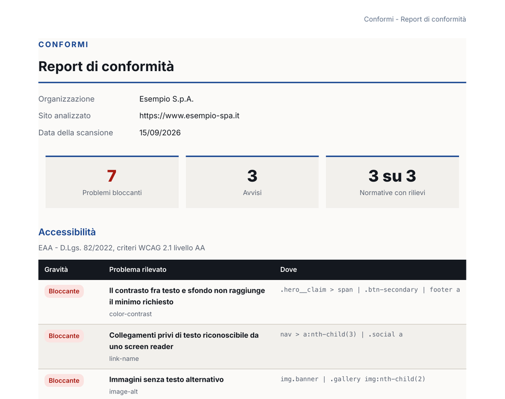 Parte alta di un referto: organizzazione, sito e data della scansione, conteggio dei problemi bloccanti e degli avvisi, e le prime righe della tabella dei rilievi di accessibilità.